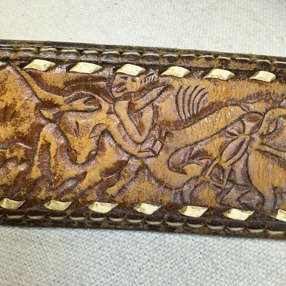 Vintage Hand‎ Tooled Leather Belt Mens Brown Fair Western Rodeo Nick NAW